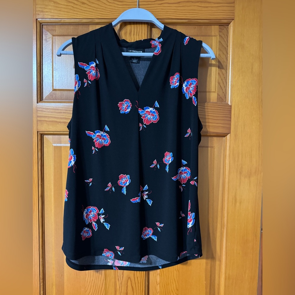 Liz Claiborne Black Top with Red and Blue Floral Design